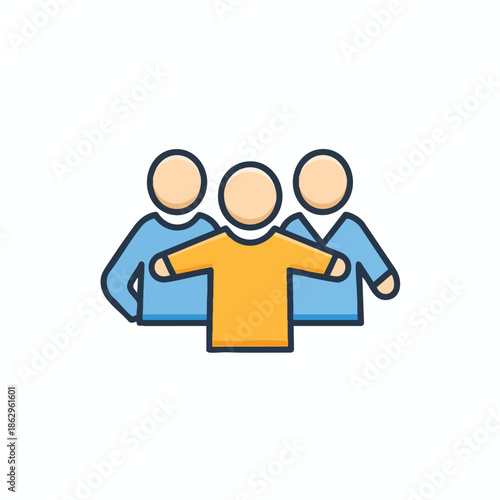 Three simplified figures, one with outstretched arms, in a colorful, cartoon-like depiction