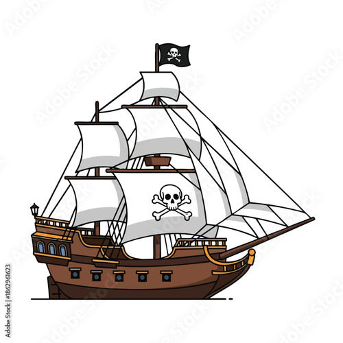 A cartoon pirate ship with white sails, Jolly Roger, and brown wooden hull
