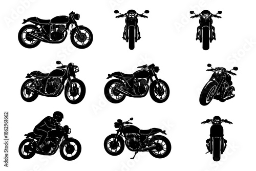 Vintage motorcycle silhouettes: classic bike views from different angles