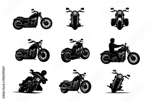 Set of classic motorcycle silhouettes featuring various riding poses and angles