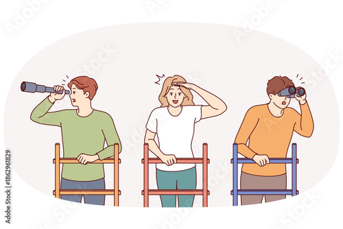 People are looking to future in search of new opportunities and chances for development on career ladder. Woman and men use binoculars and telescope to search for vacancies on labor market