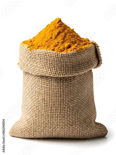 Sack of vibrant yellow turmeric powder on a white background