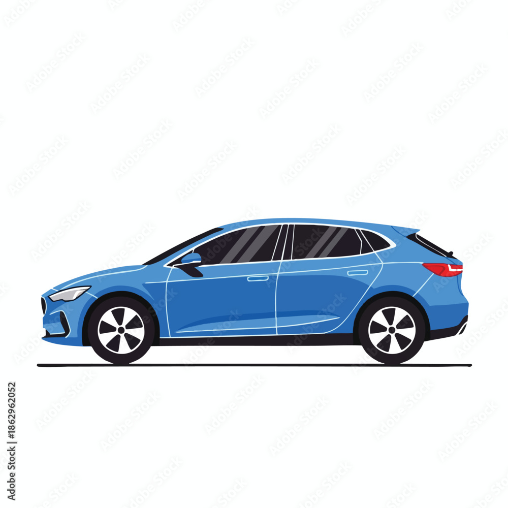 Fototapeta premium A blue hatchback car side profile, simplistic and isolated against white