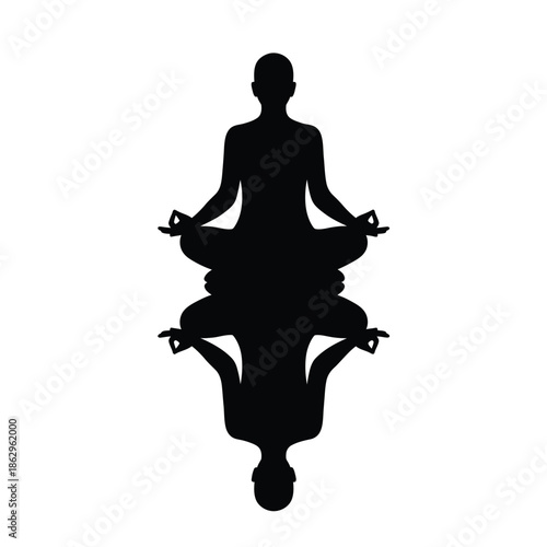 Black silhouette of a person meditating in lotus position mirrored