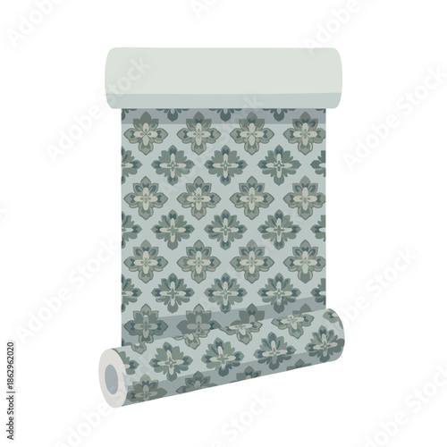 An illustration shows a roll of patterned wallpaper in shades of gray and blue