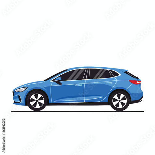 A blue hatchback car side profile, simplistic and isolated against white