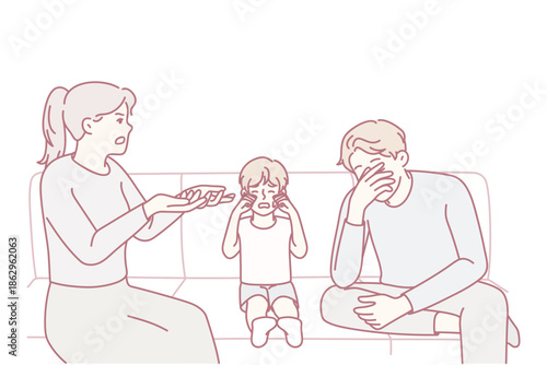Parents arguing on sofa while small child covers ears, tense domestic scene showing emotional strain, concern and communication breakdown, living room setting with intimate household details