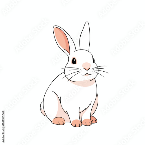 An illustration of a white rabbit sitting with pink accents on ears and paws