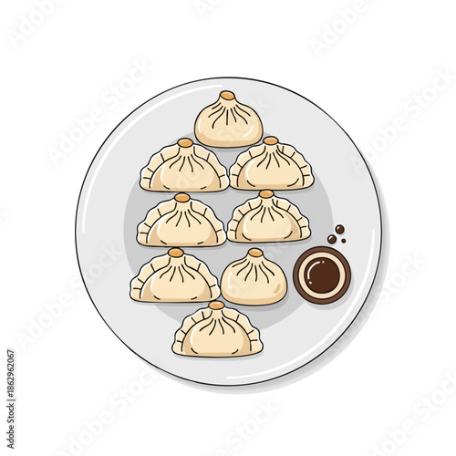 A plate of dumplings and dipping sauce in a cartoon style illustration