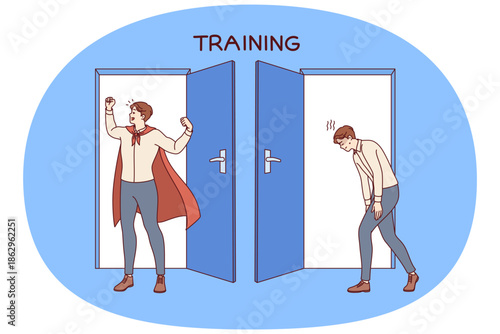Weak man underwent business training and became superhero thanks to charge of motivation, standing near open doors. Training for office clerks who need to increase work efficiency.