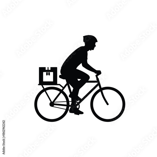 Black silhouette of a person riding bicycle with package on back