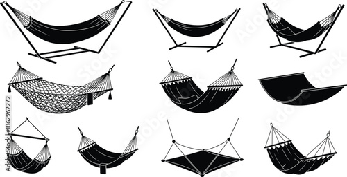 hammock relaxation leisure outdoor camping swing comfort rest backyard travel vacation lounge hanging fabric silhouette vector icon furniture