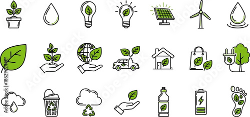  Minimalist Vector Icon Collection Representing Environmental Concepts and Sustainability Practices with Earth, Renewable Energy, Recycling, Green Living, and Eco-Friendly Symbols 