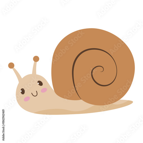 Cute sleeping cartoon snail, peaceful garden snail character. Flat vector illustration for kids and nursery design, isolated on white.