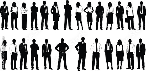 Large collection of professional business people silhouettes standing in formal office wear, diverse corporate men and women team figures isolated on white background, vector.