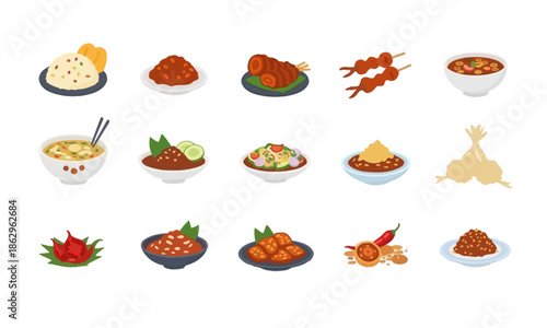 Indonesian Traditional Food Vector Icon Set, Nasi Goreng, Satay, Ketupat, and Spicy Sambal Sauce in Flat Illustration Style