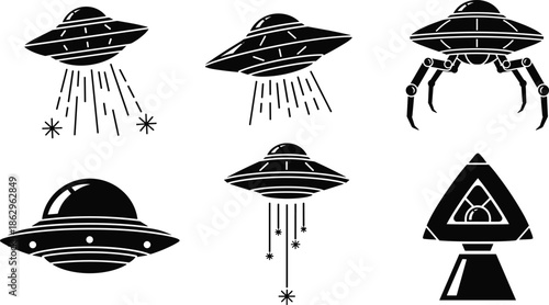 ufo alien spaceship saucer scifi extraterrestrial technology invasion mystery vector icon black white illustration
