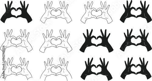 hands heart gesture love symbol romance affection unity vector illustration black white outline isolated collection