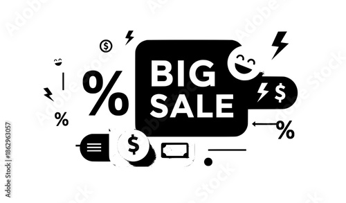 Big sale shopping discount banner vector with green percent emoji dollar and lightning