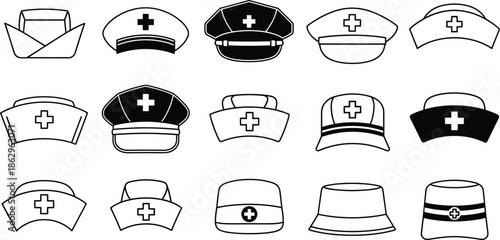 nurse cap hat medical healthcare uniform hospital symbol vector icon black white illustration isolated collection
