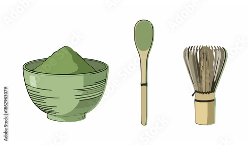 Matcha tea hand drawn vector set with powder spoon and whisk Japanese ceremony tools