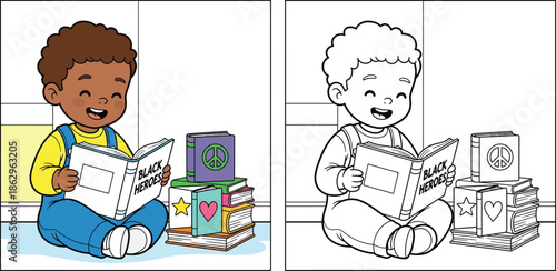 Happy Child Reading "Black Heroes" Book, Celebrating Black History and Learning