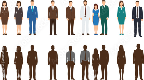 Set of professional business people in suits and formal wear including flat characters and dark silhouettes, corporate men and women isolated on white background.