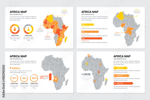 Four africa maps with colorful graphics and statistics
