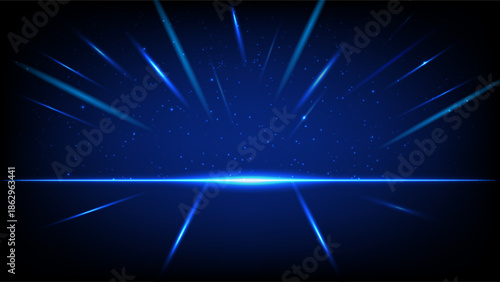 Abstract futuristic scene with blue light beams, glowing horizon line, star particles and high-tech sci-fi atmospher