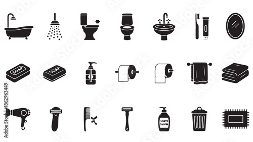 Black Bathroom Icons Set on White Background