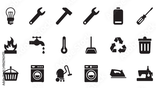 Black Household Appliance and Tool Icons on White Background