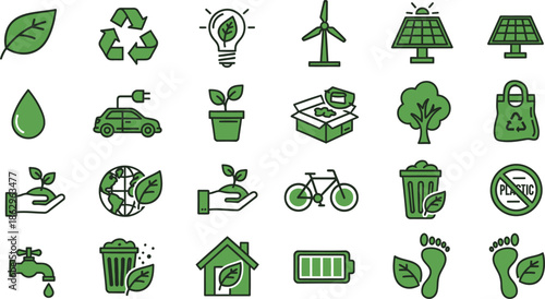  Minimalist Vector Icon Collection Representing Environmental Concepts and Sustainability Practices with Earth, Renewable Energy, Recycling, Green Living, and Eco-Friendly Symbols 