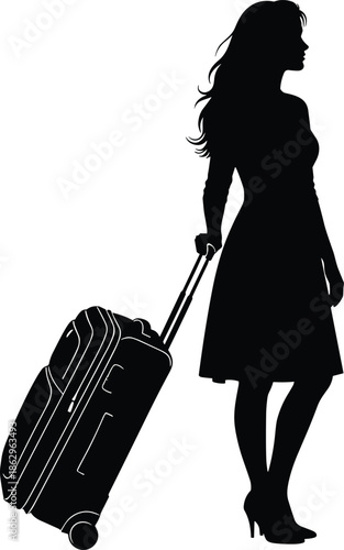 Silhouette of a young woman traveler pulling a suitcase on wheels, female tourist with luggage going on vacation trip isolated on white background, travel.