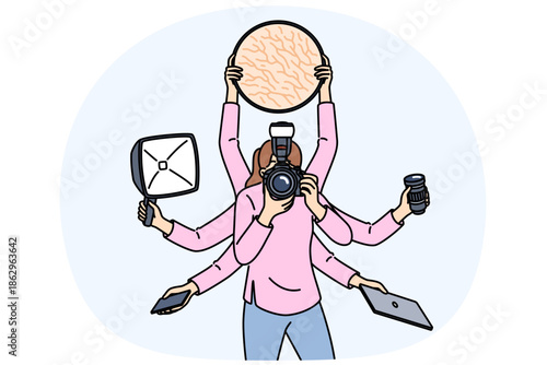 Multi-armed woman photographer does several things at same time due to lack of assistant or problems with planning. Professional photographer multitasking during photo shoot to increase productivity