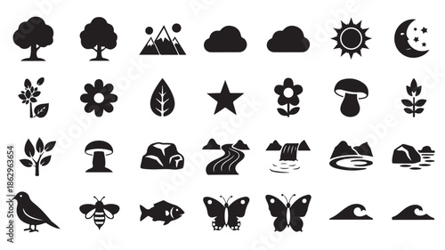Black Silhouette Icons of Nature and Wildlife on White Background