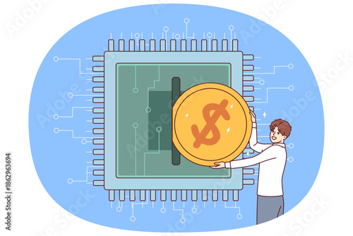 Man invests in development of microchips and semiconductors for computers by inserting coin into microprocessor. Guy finances production of semiconductors and chips in high-tech market