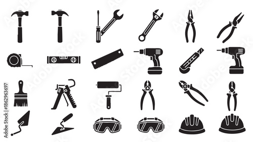 Black Construction Tools Icons on White Background