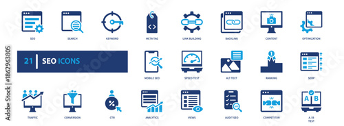 SEO icon set, solid style, vector illustration