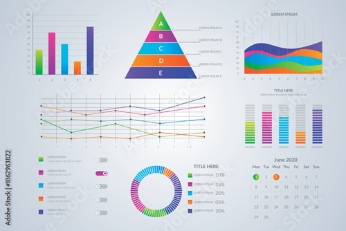 Collection of colorful business charts and graphs for data analysis and presentation