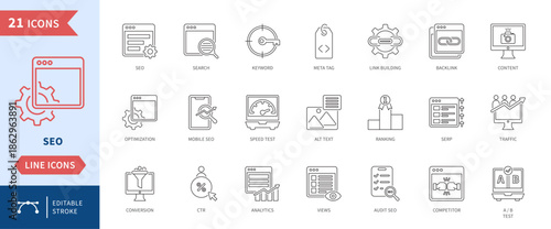 SEO icon set, editable line style, vector illustration