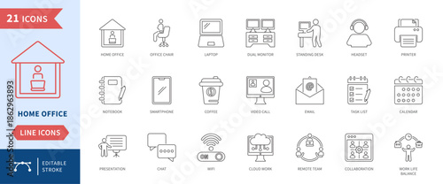 home office icon set, editable line style, vector illustration