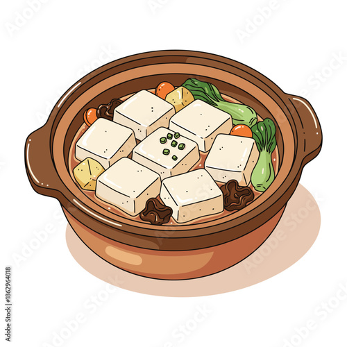 Hand-drawn illustration of braised tofu and vegetable hot pot in a clay pot.
