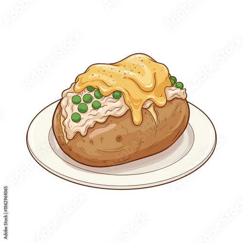 Loaded baked potato with cheese sauce and green peas cartoon vector