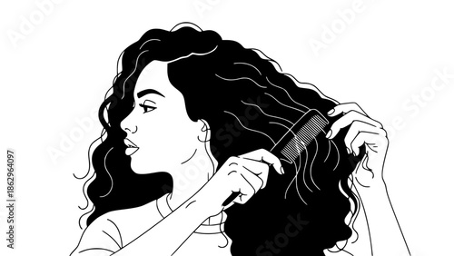 Flat vector illustration of a woman with curly hair combing her hair, diversity and natural beauty concept, inclusive design, modern flat style, soft color palette