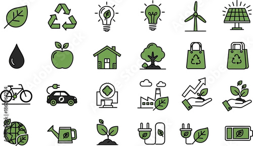  Minimalist Vector Icon Collection Representing Environmental Concepts and Sustainability Practices with Earth, Renewable Energy, Recycling, Green Living, and Eco-Friendly Symbols 