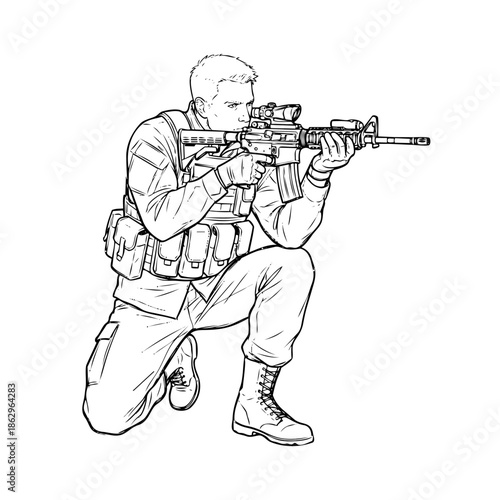 Black and white line illustration of a kneeling soldier aiming a rifle in a tactical training pose, isolated on a white background.