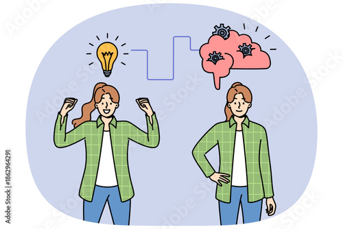 Woman is developing production plan and rejoices having come up with new idea, standing near light bulb and brain with gears. Girl in casual clothes comes up with idea to find profitable job.