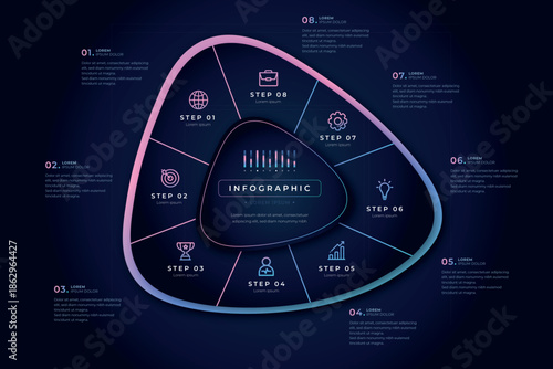 Blurry infographic with gradient outline and icons on dark background