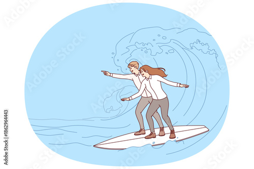 Business partners take risks to achieve success by riding surfboards on sea waves. Partners man and woman in formal wear are surfing, looking for new opportunities for progress and profit.