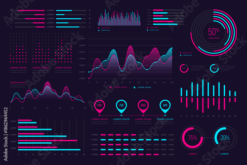 Neon colored data visualization and infographic elements on dark background